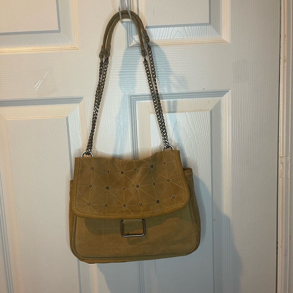 Zara leather suede Khaki quilted stitching & silver studs accents crossbody bag
